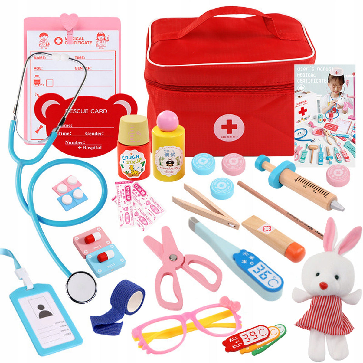 Wooden Doctor Educational Case Set Doctor Stethoscope Plush Toy 2in1