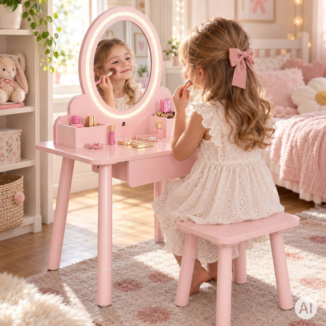 Wooden Dressing Table Children's Mirror LED Drawer Stool 6 Accessories Pink Packaging status original
