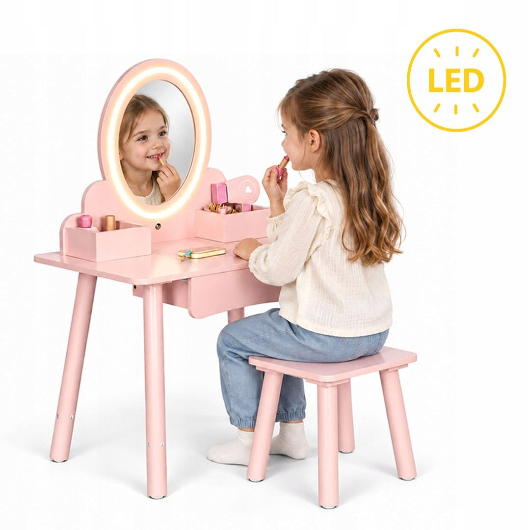 Wooden Dressing Table Children's Mirror LED Drawer Stool 6 Accessories Pink