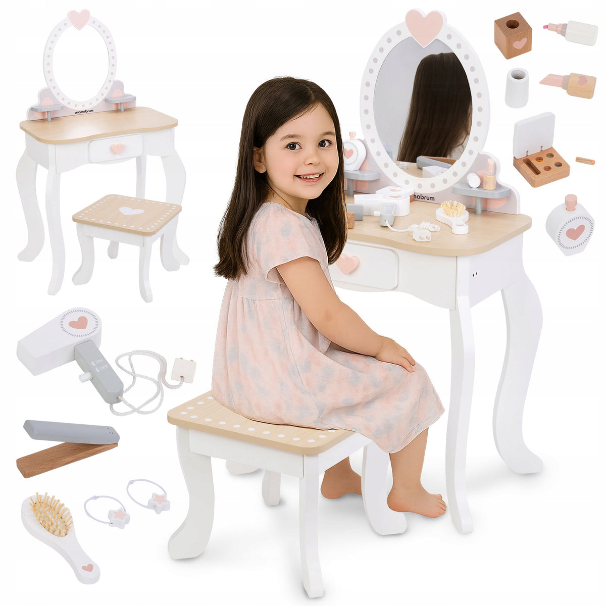 Wooden Dressing Table Toy for Kids with Stool Accessories Developing