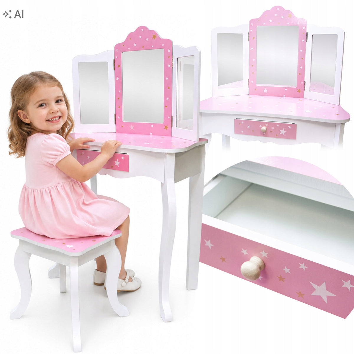 Wooden Dressing Table for Children with Three Mirrors Highchair White Pink SOL