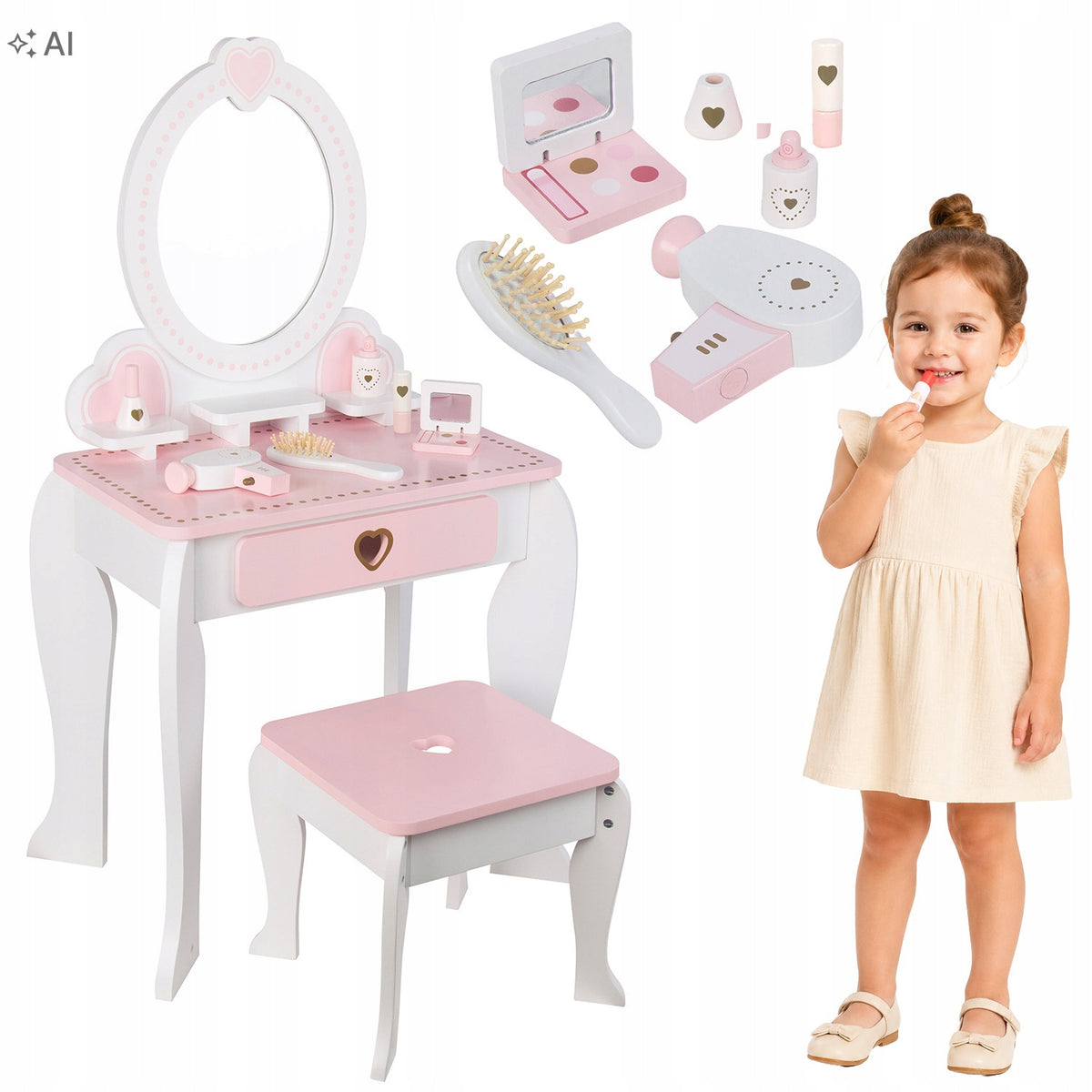Wooden Dressing Table for Kids Kinga White Pink Mirror Accessories Education