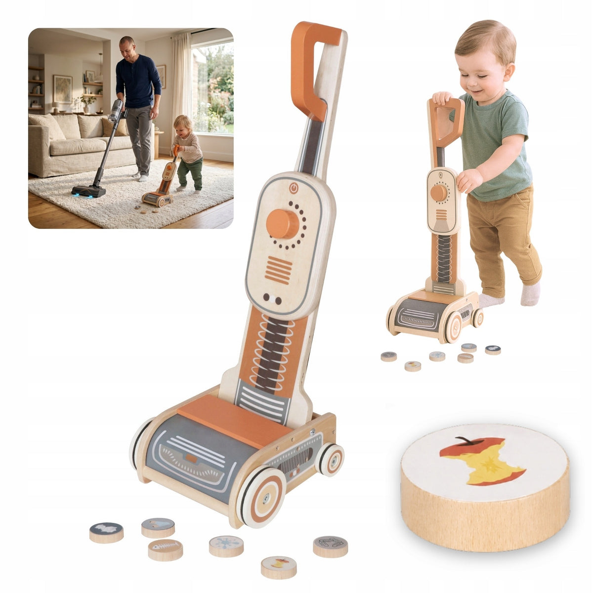 Wooden ECO Vacuum Cleaner Vertical Magnetic Garbage Toy For Children 51 cm