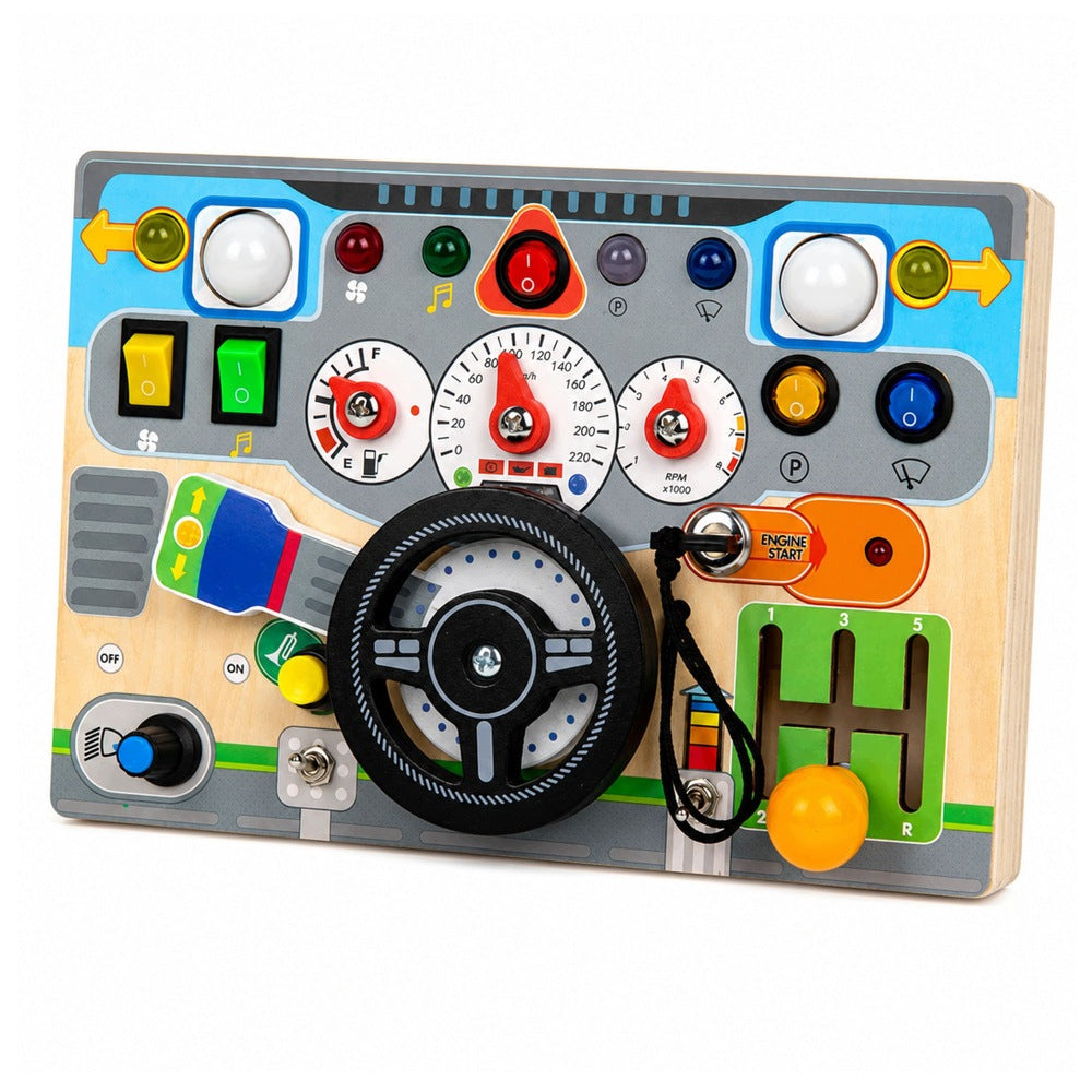 Wooden Educational Board Manipulative Steering Wheel Light Sounds