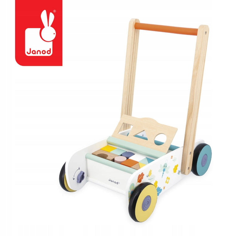 Wooden Educational Pusher with sorter and 18 blocks for children 12m+ Janod Brand Janod
