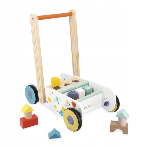 Wooden Educational Pusher with sorter and 18 blocks for children 12m+ Janod