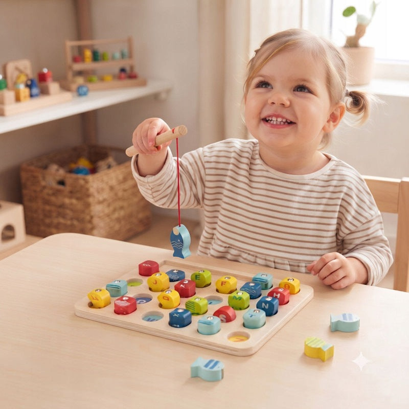 Wooden Fishing Game Learning Skill Letters 29 el. Tooky Toy Packaging status original