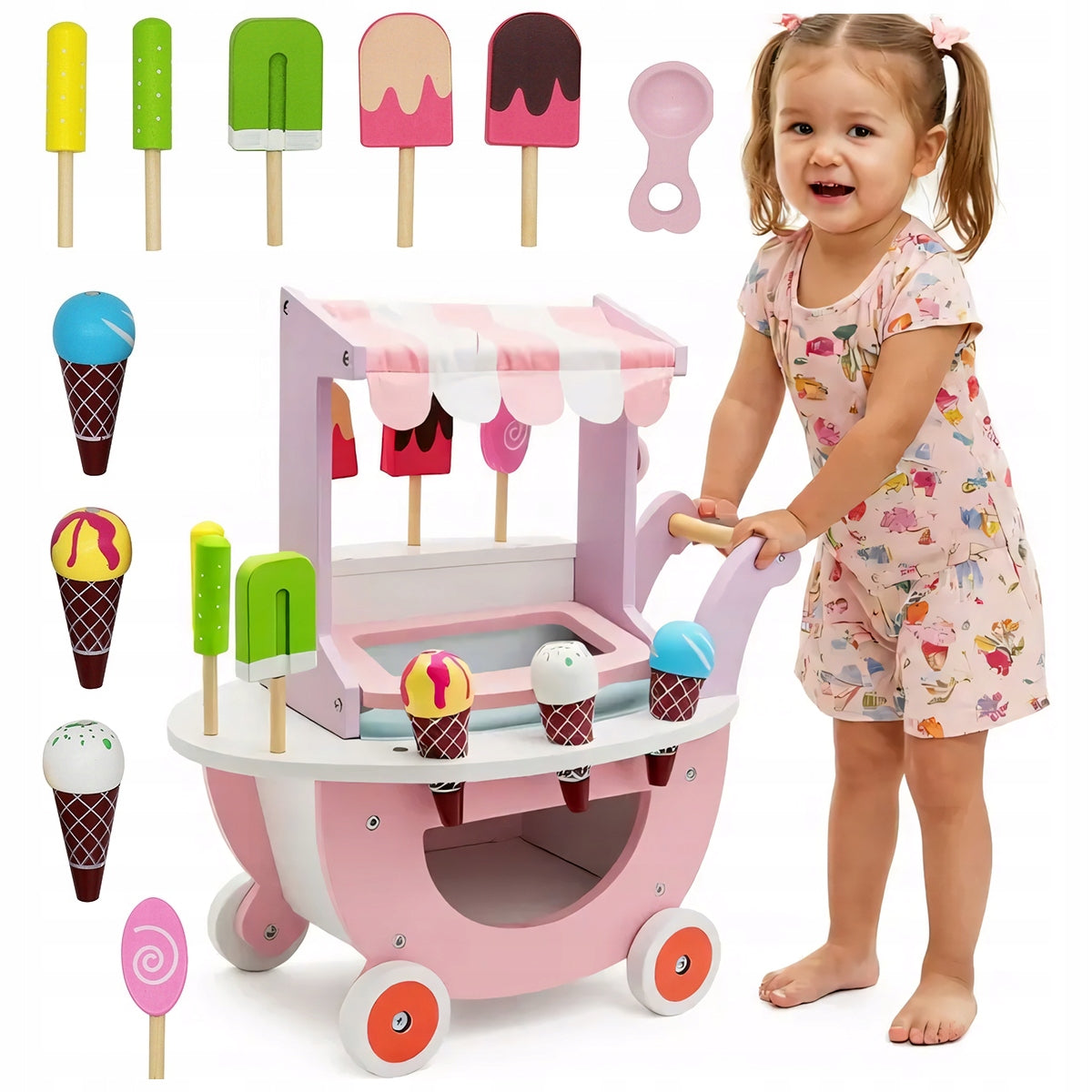 Wooden Ice Cream Shop For Kids On Wheels Toy Ice Cream Making Set