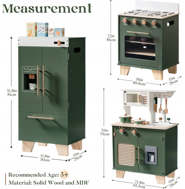 Wooden Kids Kitchen 3in1 Green ROBOTIME Refrigerator Sink Oven Series kitchen