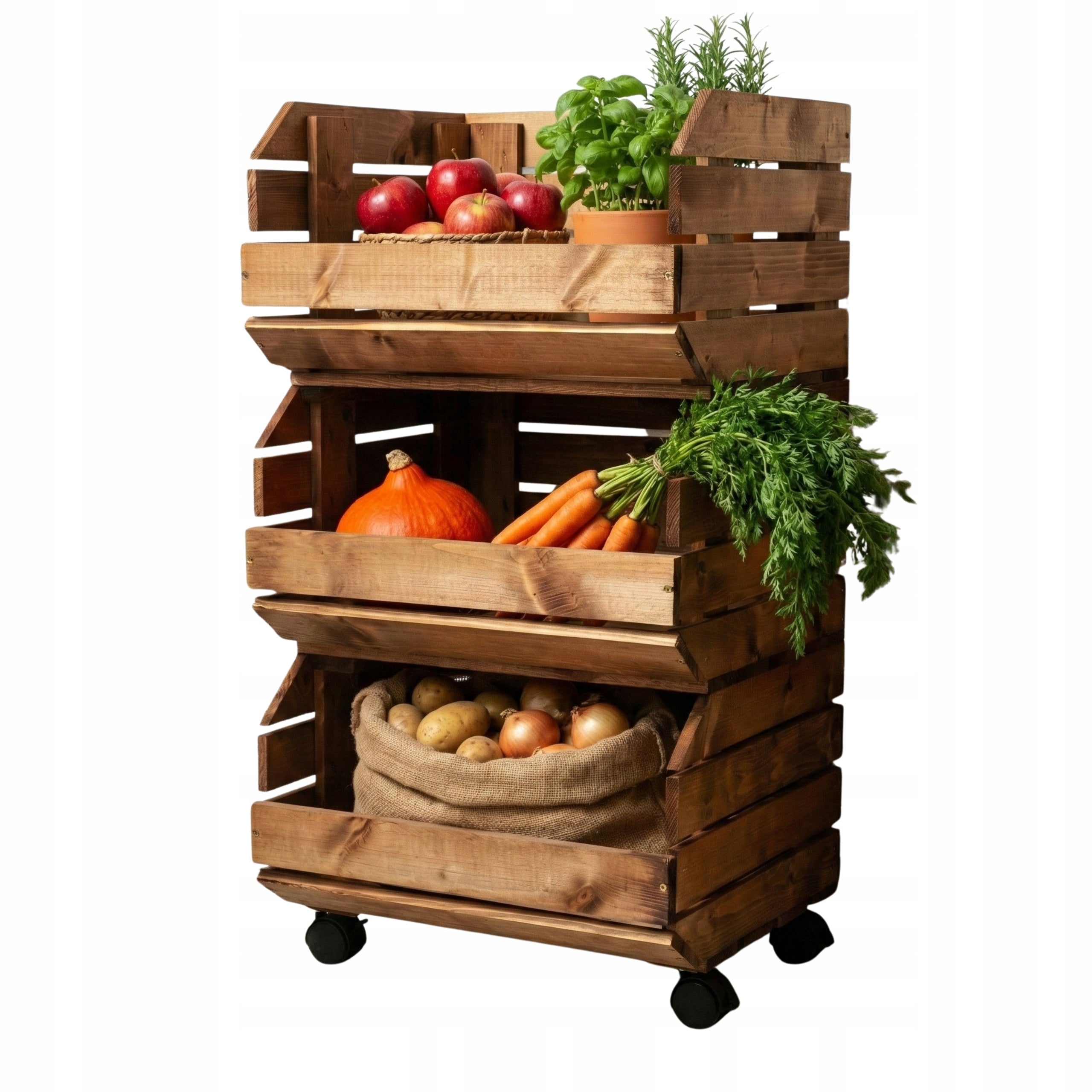 Wooden Kitchen Trolley Vegetable Rack on Wheels Modular Brown 3-Tier Shelf