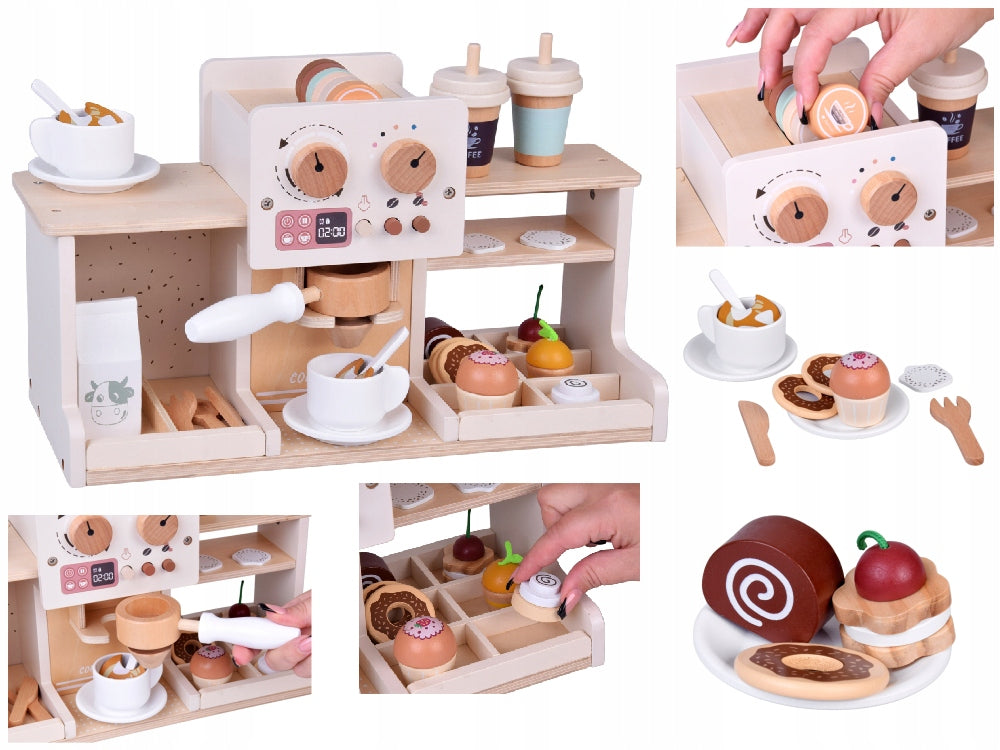 Wooden Play Set Cafe Coffee Shop Maker Cups Biscuits