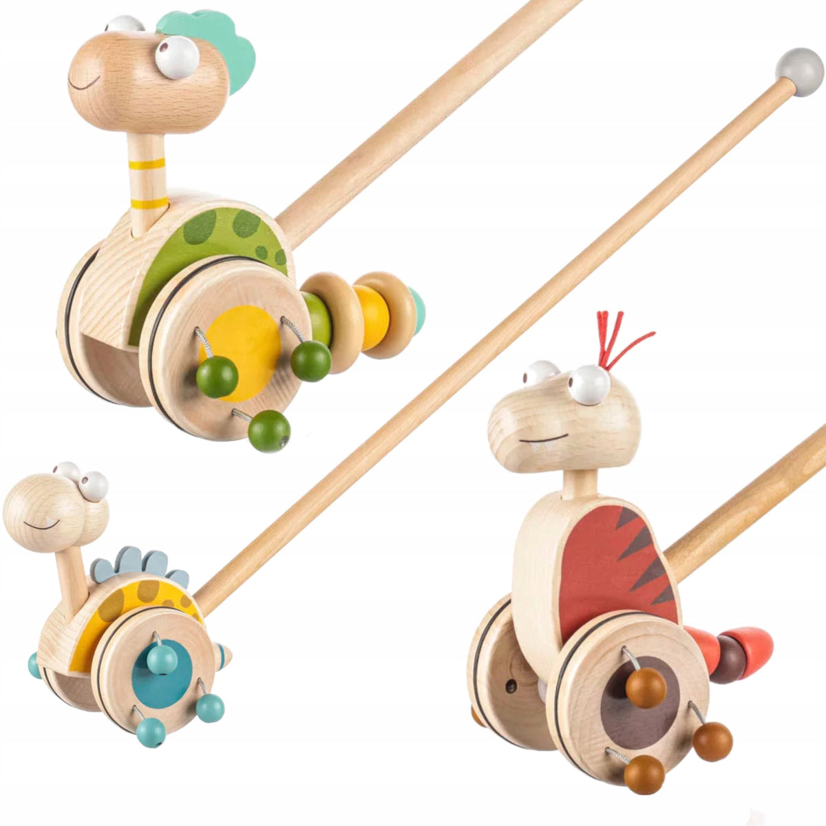 Wooden Pusher On Stick 56cm Dinosaur Supports Child Development 3 Designs Artyk