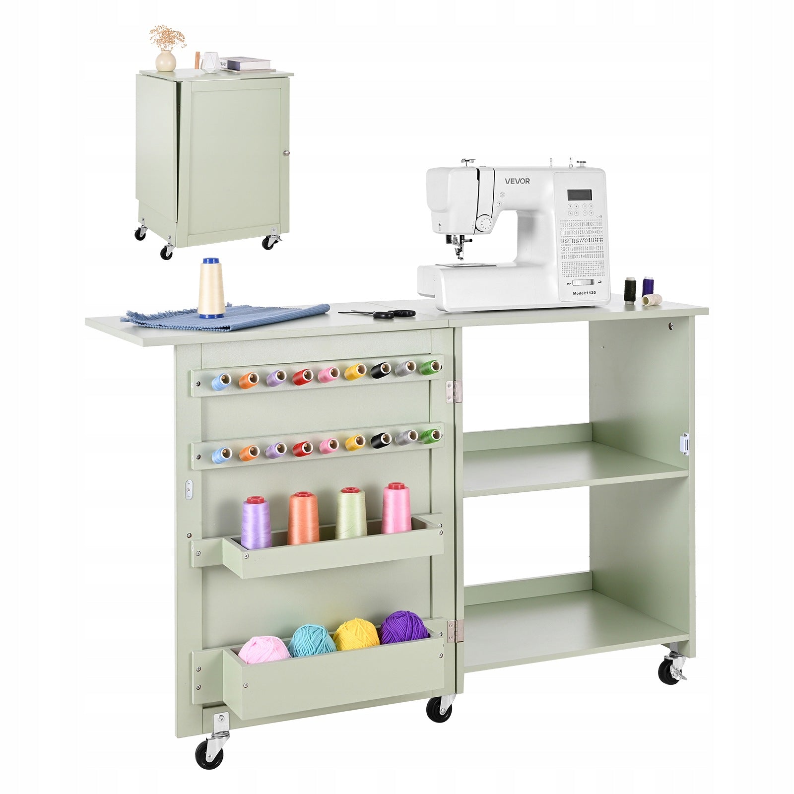 Wooden Sewing Table with Storage Space Light Green Folding