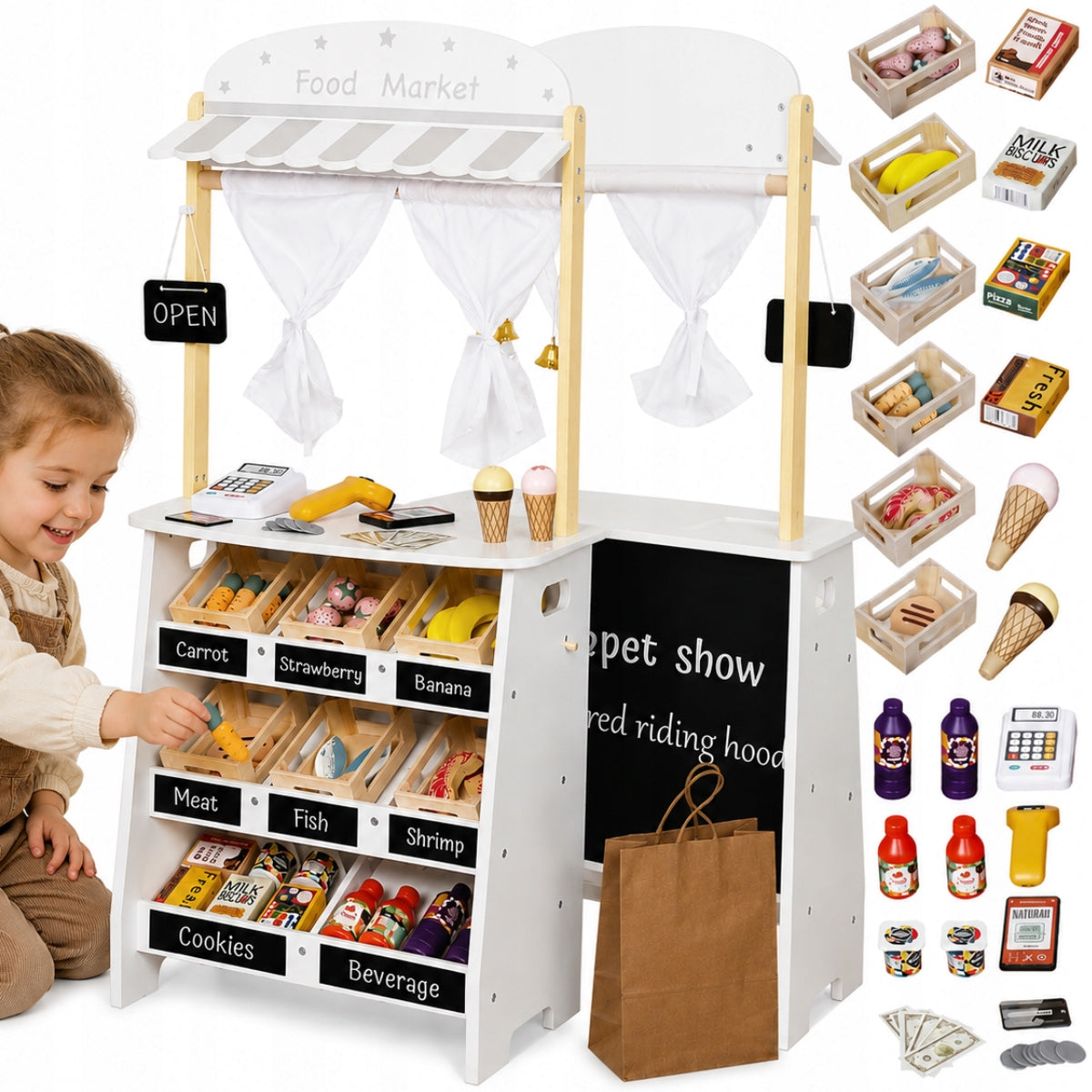 Wooden Shop 2in1 for Children Stragan Theatre Supermarket with Cash Register Shop