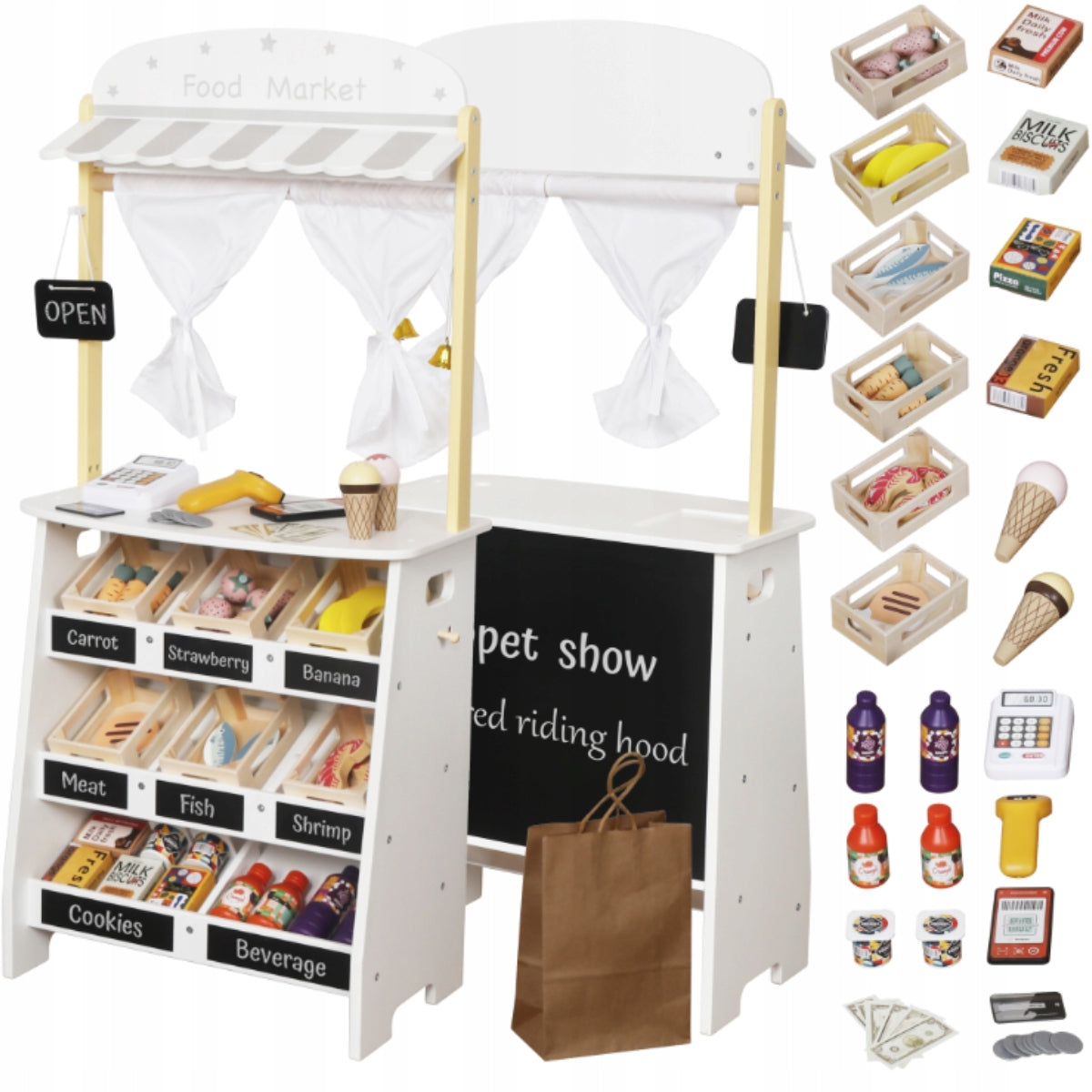 Wooden Shop 2in1 for Children Stragan Theatre Supermarket with Cash Register Shop