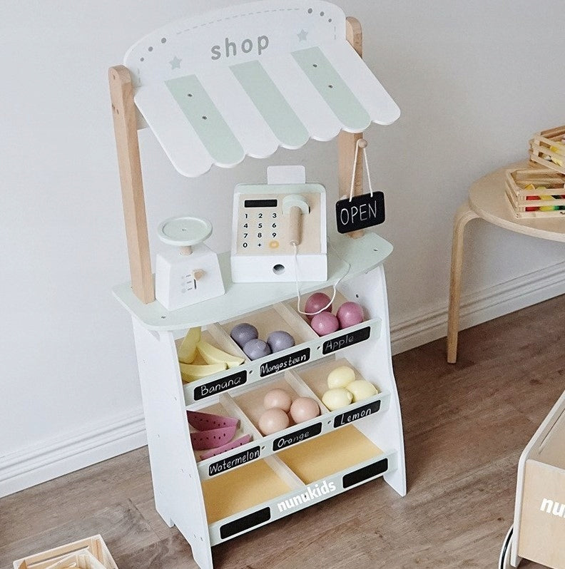 Wooden Shop Children's Stall Nunukids Large Set Cash Register Vegetable Fruit Color white