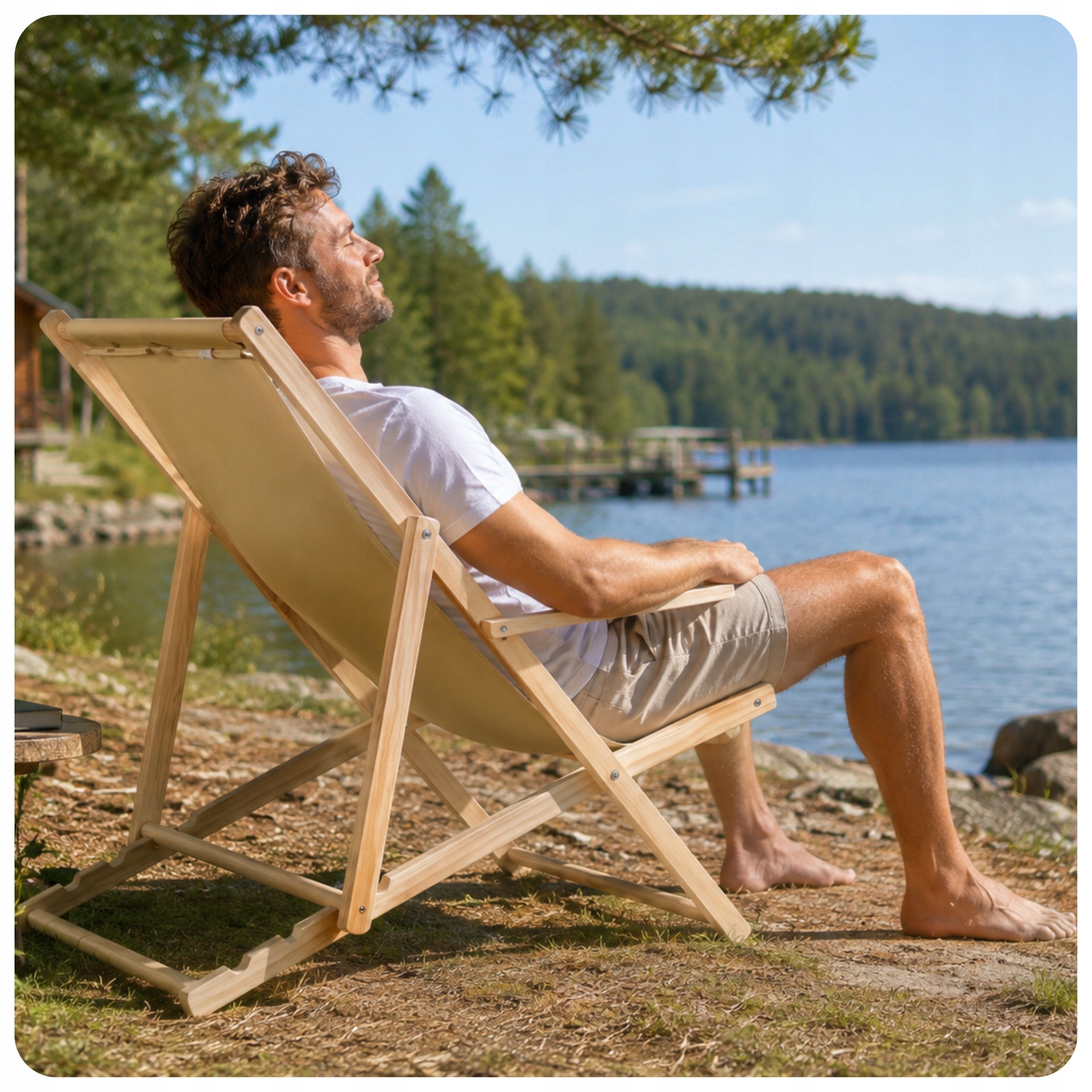 Wooden Sun Lounger Folding Beige-Honey Adjustable in 3 Positions max.120 kg Color beige