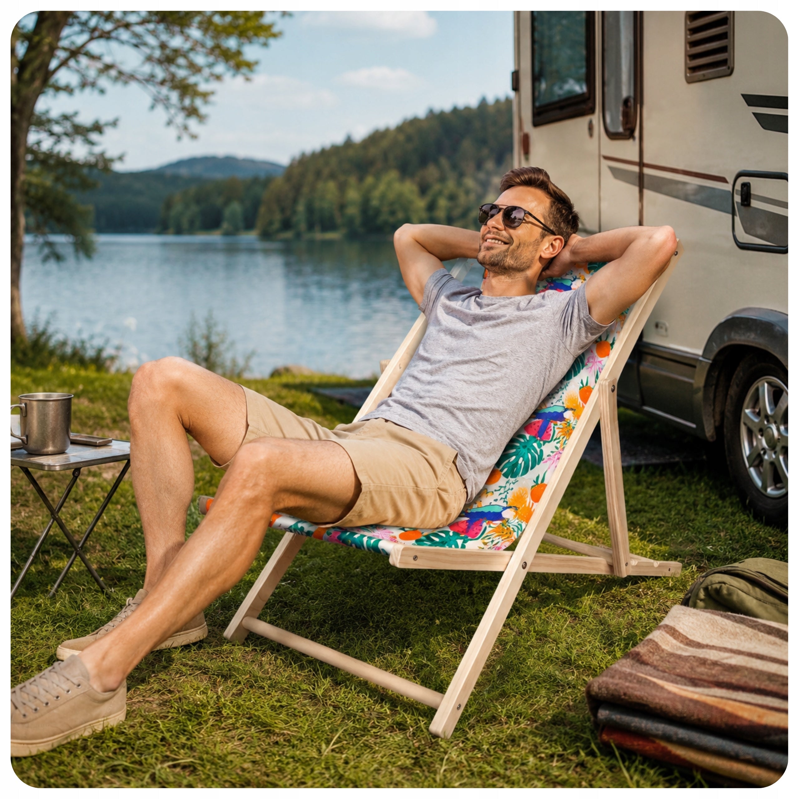 Wooden Sun Lounger Folding Colorful Boho Adjustable in 3 Positions max.120 kg Frame material wood
