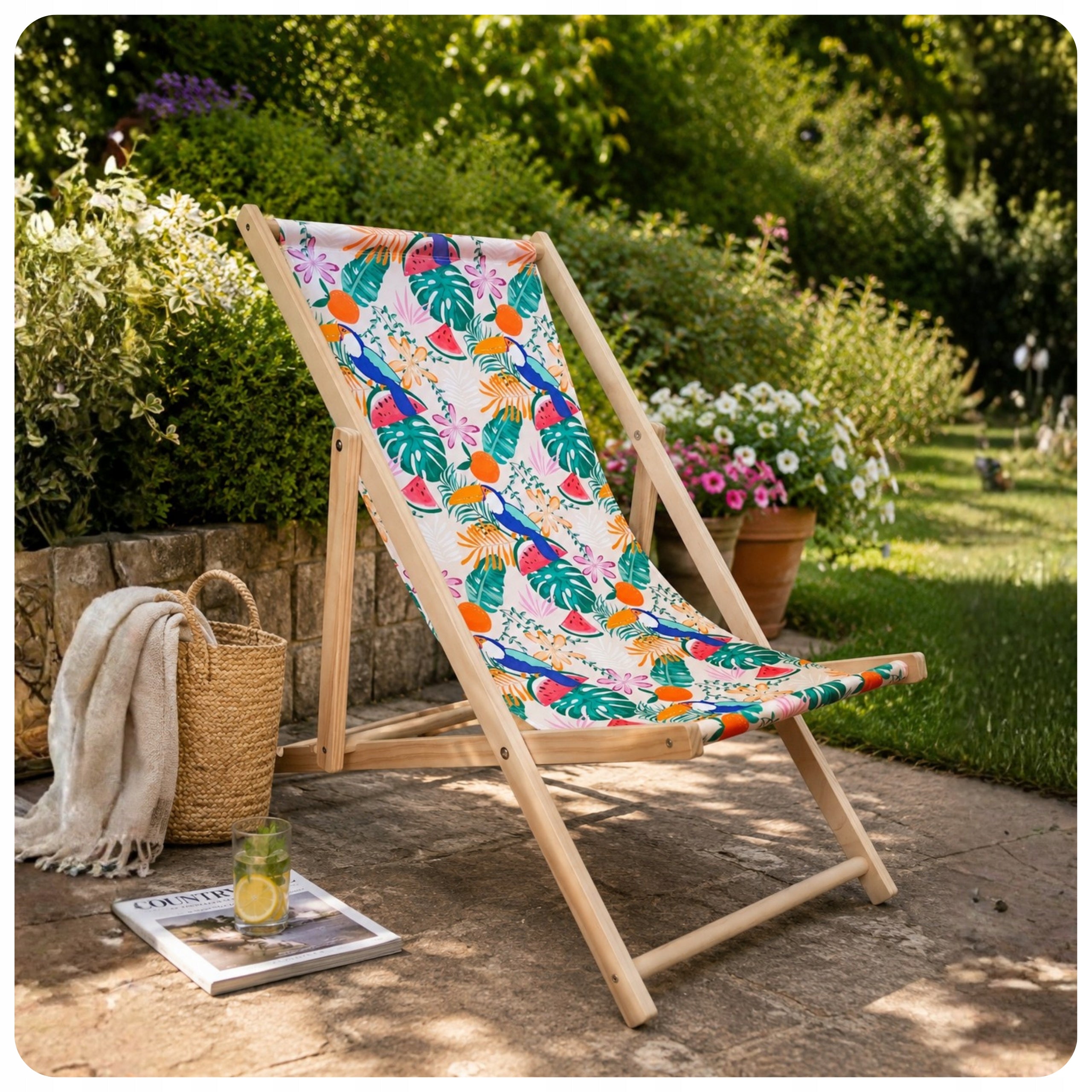 Wooden Sun Lounger Folding Colorful Boho Adjustable in 3 Positions max.120 kg Width (shorter side) 58 cm