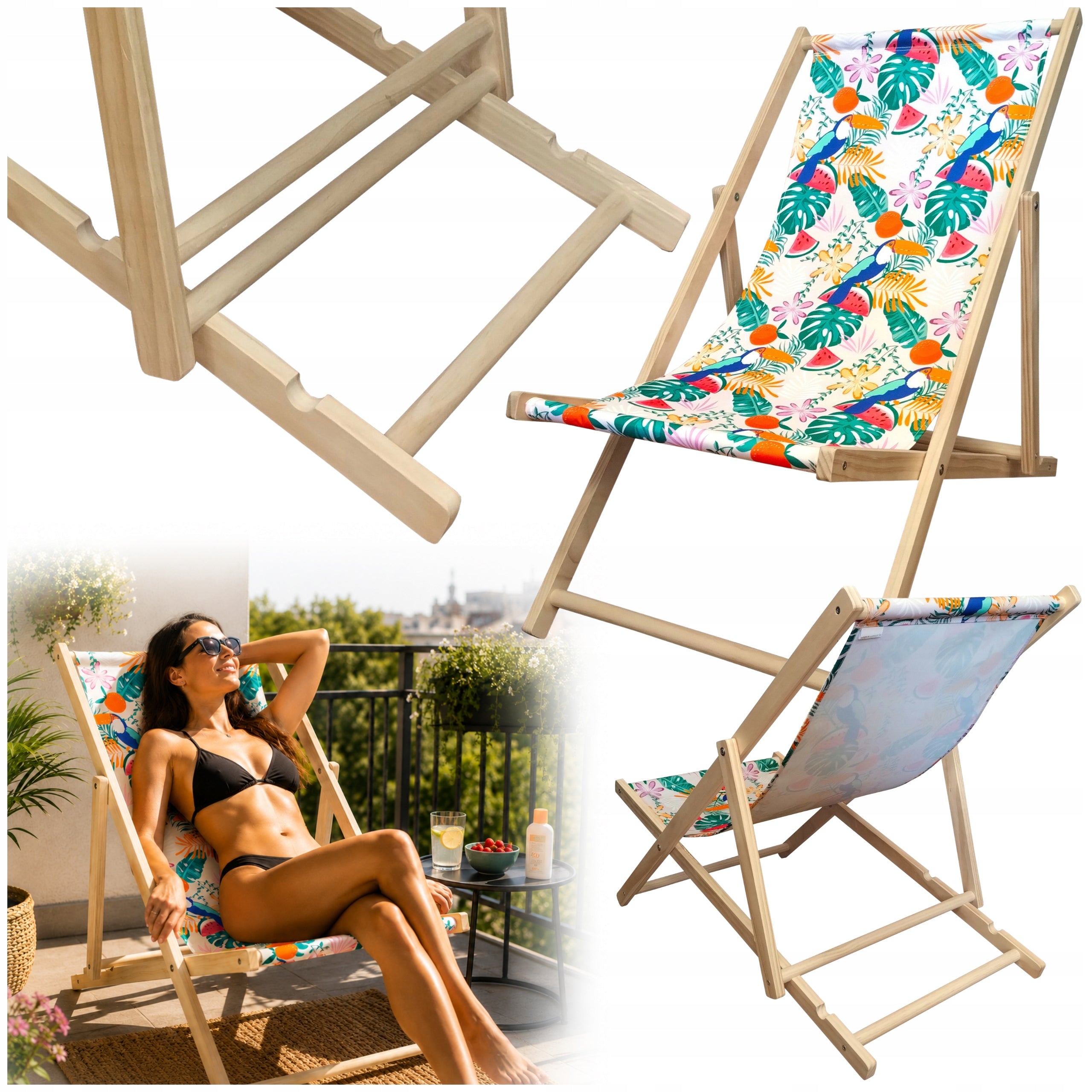 Wooden Sun Lounger Folding Colorful Boho Adjustable in 3 Positions max.120 kg
