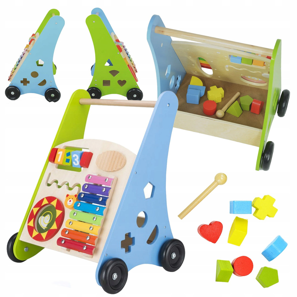 Wooden Walker Pusher Educational Bear from 4iQ Blocks Cymbals Toy