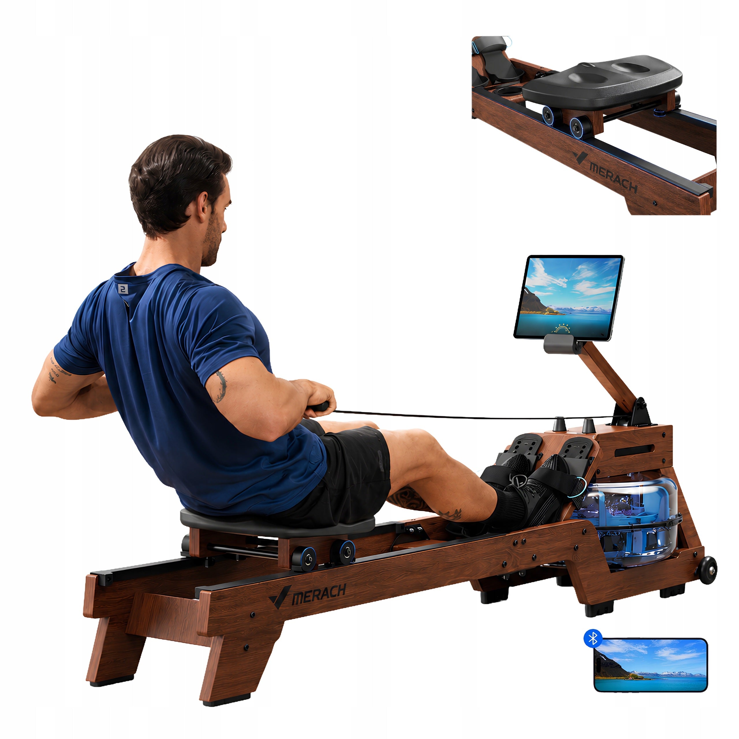 Wooden Water Rowing Machine Merach R14 With Bluetooth Application 150kg For Exercise