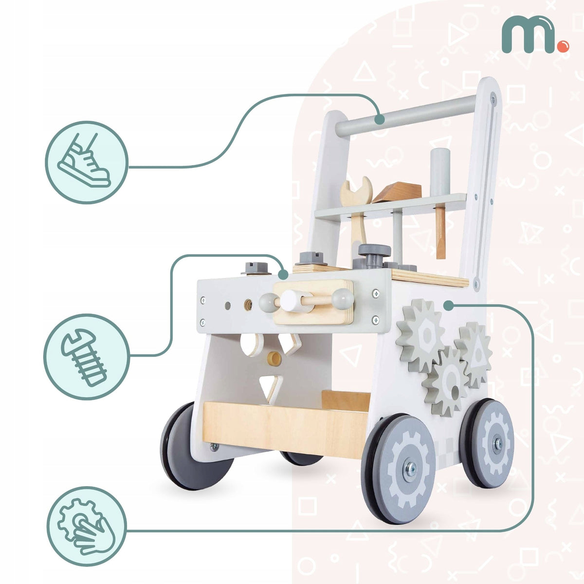 Wooden Workshop For Children 3in1 Walker Pusher Stroller 47 elements Sturdy Packaging status original