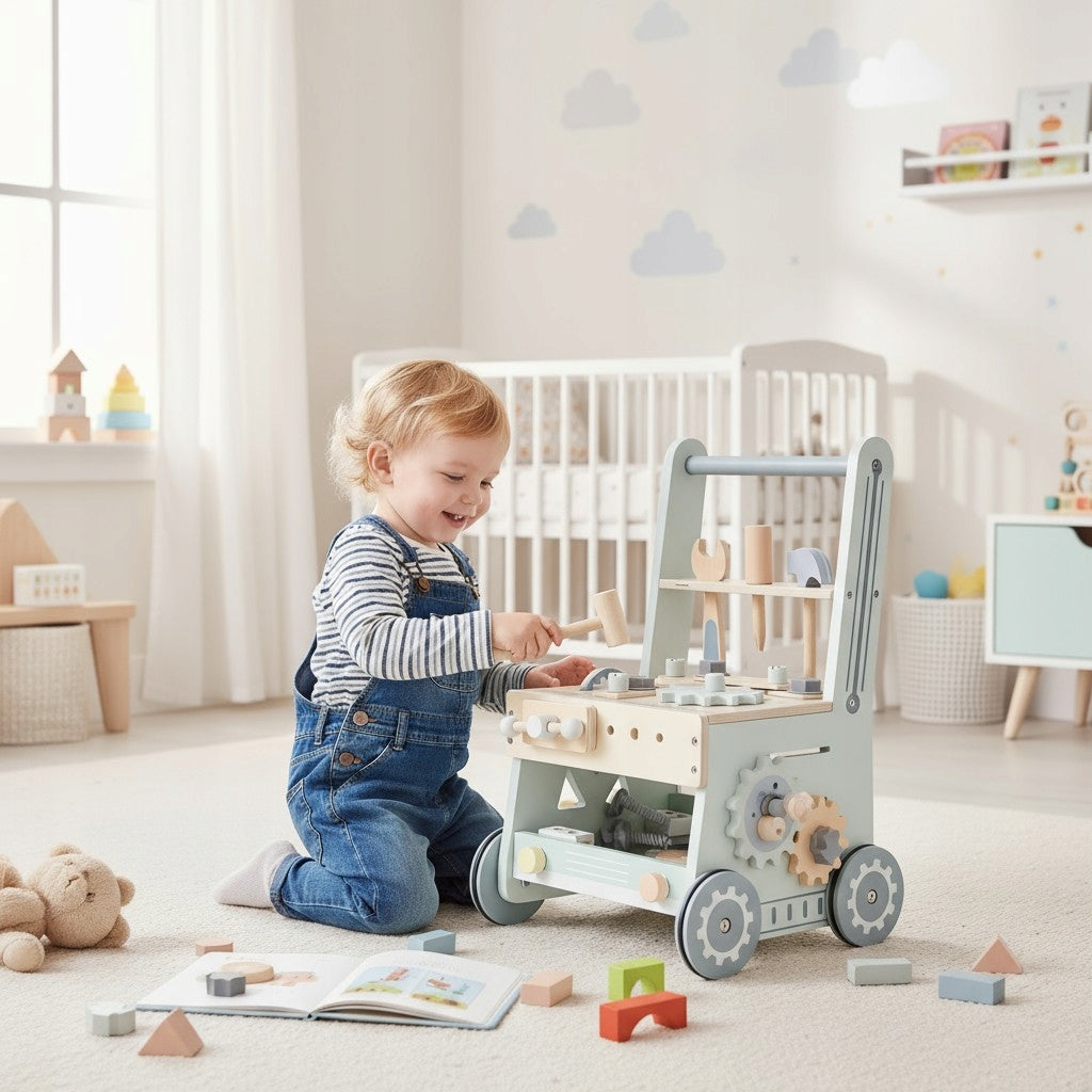 Wooden Workshop For Children 5in1 Walker Pusher Walker 41 Elements Solid Packaging status original