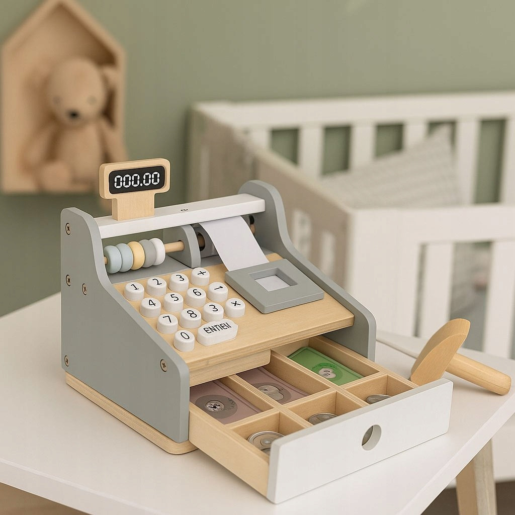 Wooden cash register for children scanner banknotes coins card ECOTOYS Brand Ecotoys