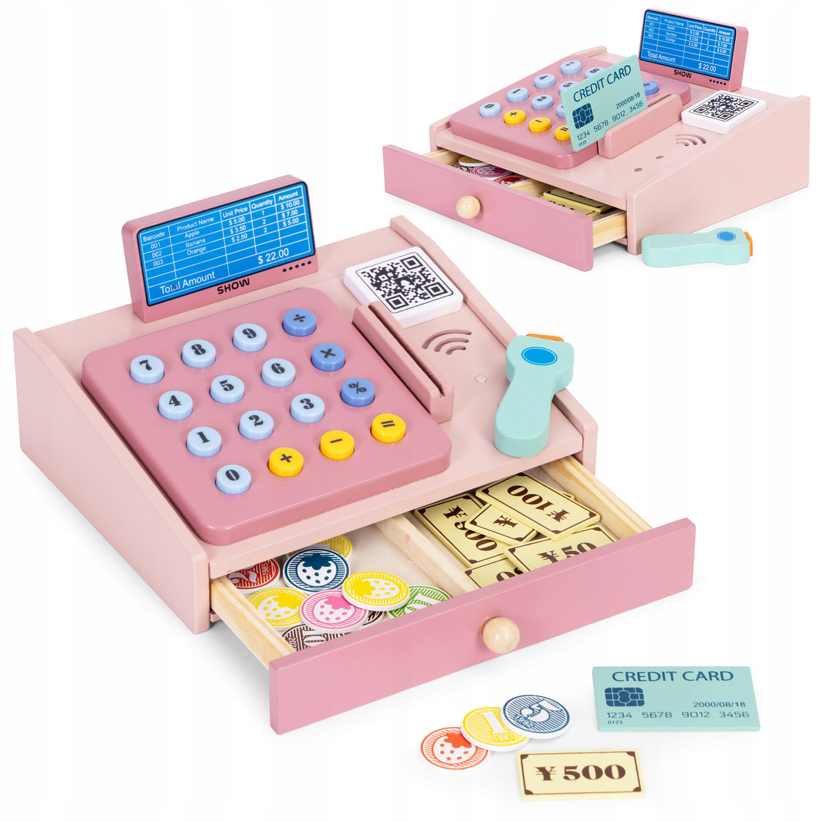 Wooden cash register for children scanner banknotes coins card Multistore