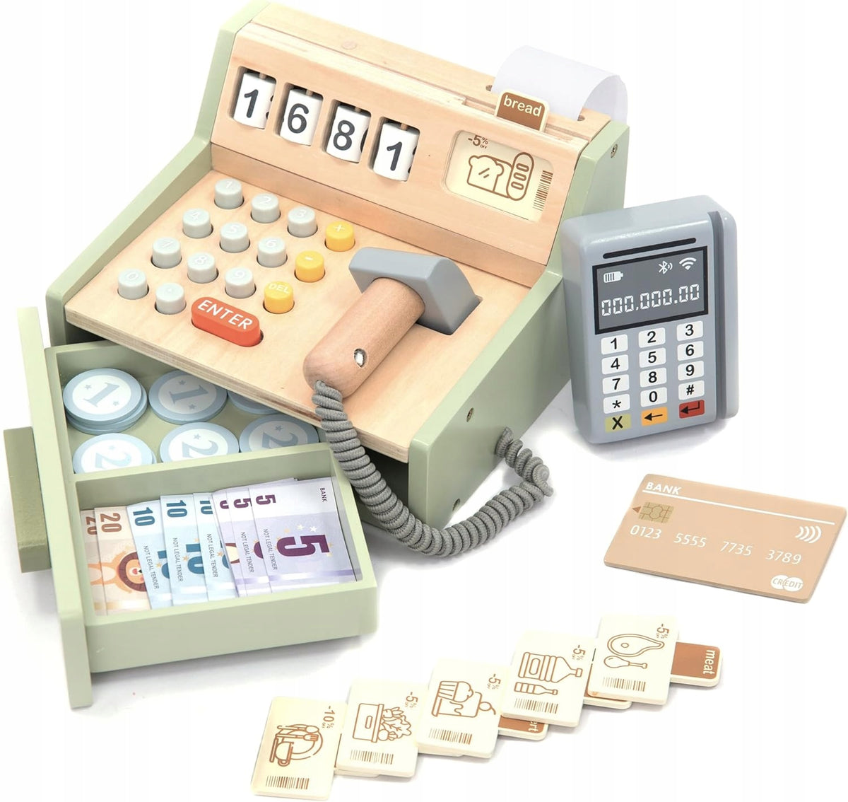 Wooden cash register with accessories fun shop 35 pieces