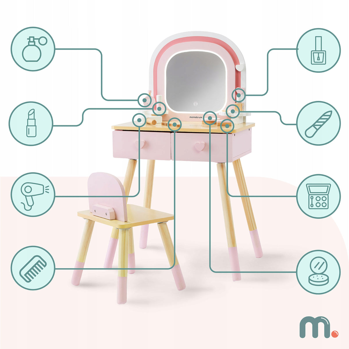 Wooden children's dressing table with LED, chair and accessories Packaging status original
