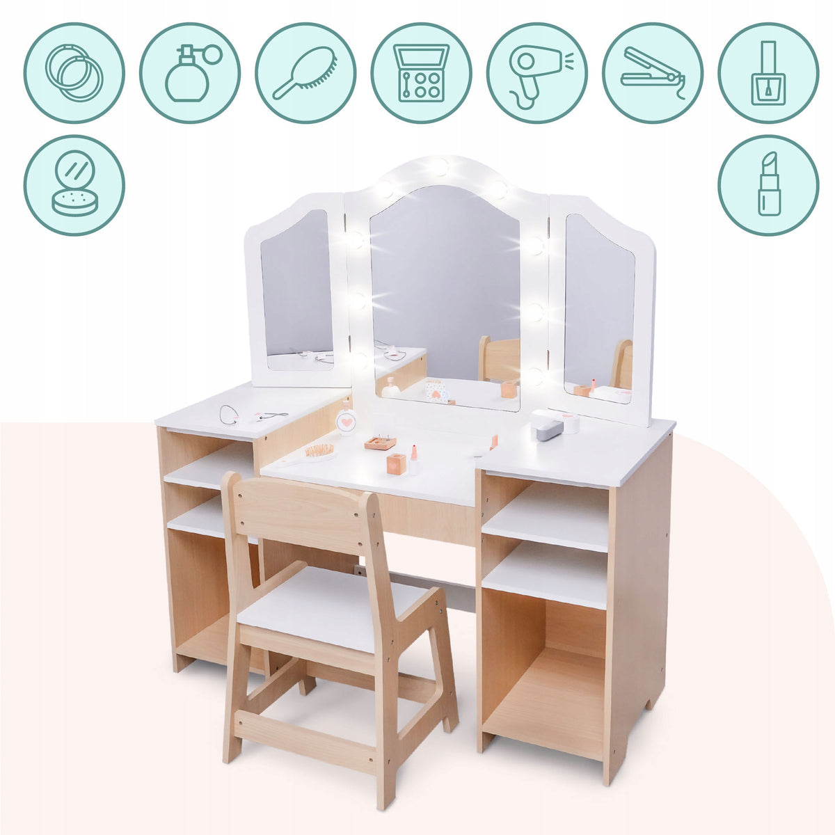 Wooden children's dressing table with chair, accessories and LED lighting Brand Mamabrum