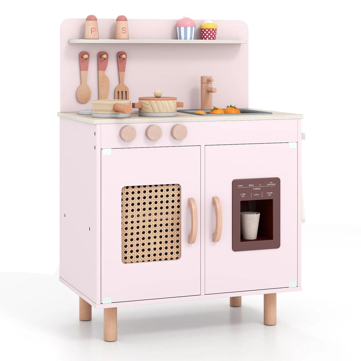 Wooden children's kitchen with cabinet Pink play kitchen