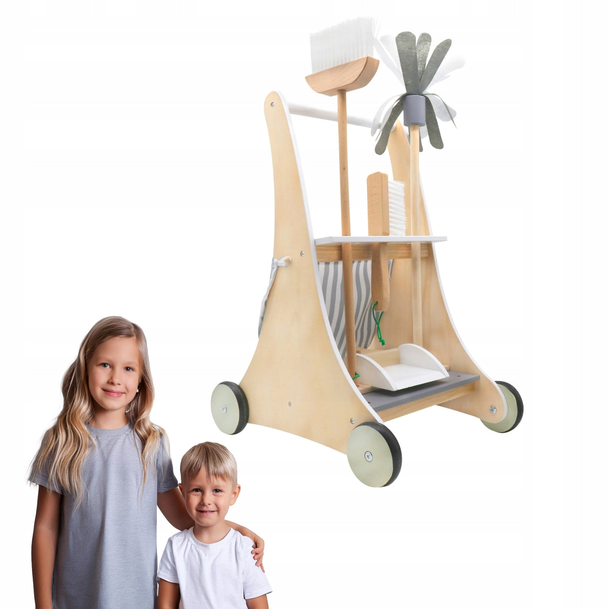 Wooden cleaning kit for children learning fun broom on wheels