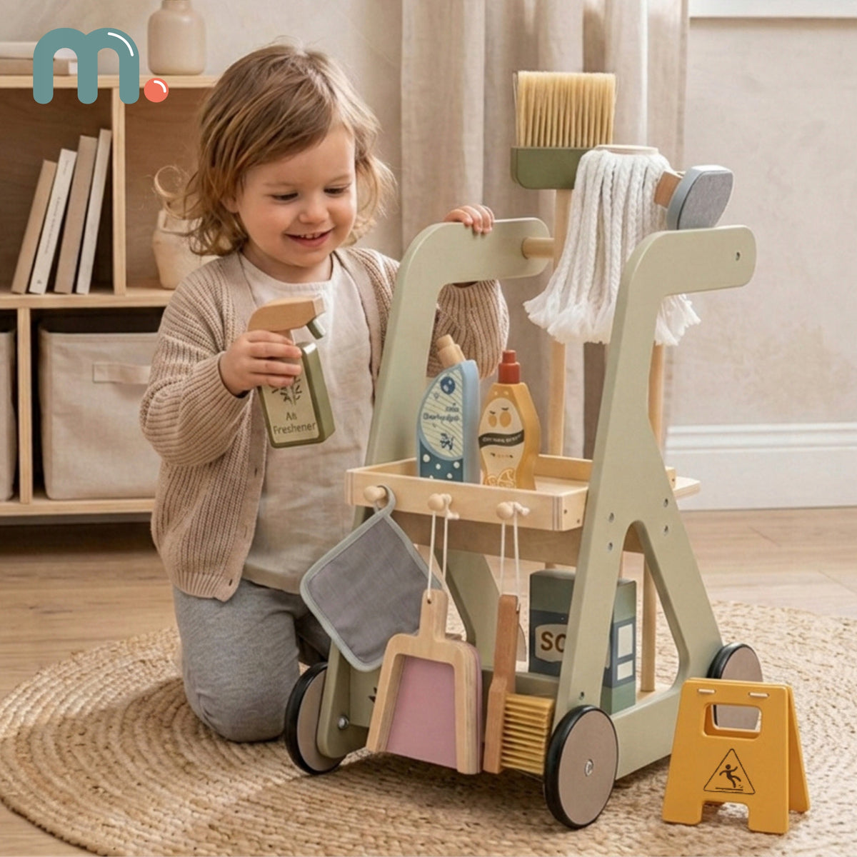 Wooden cleaning kit for children trolley on wheels Manufacturer code MAM293 CLEAN CART