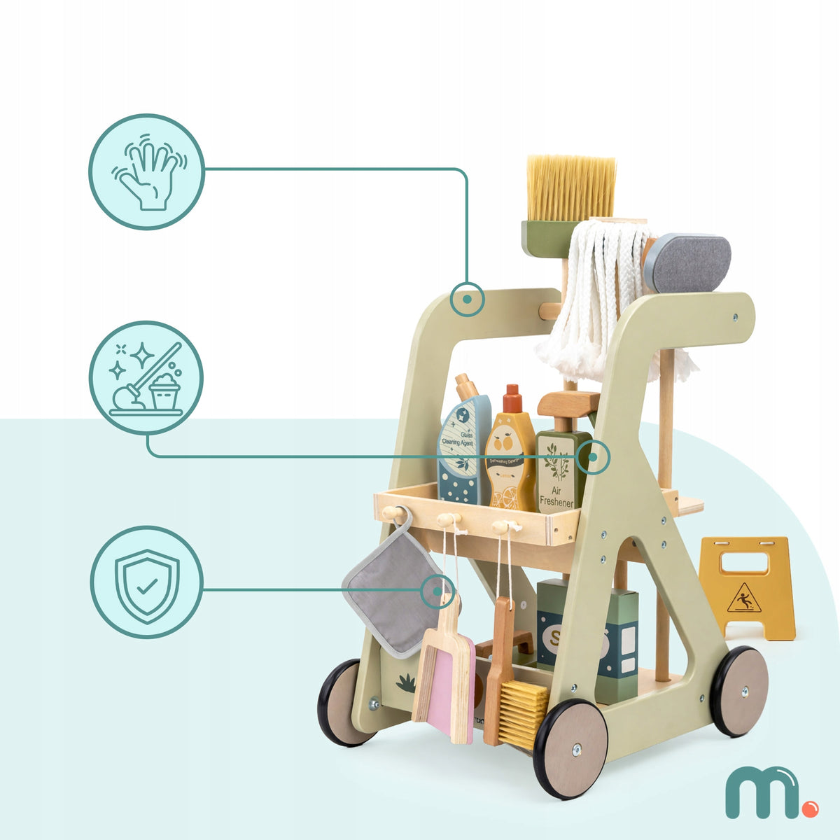 Wooden cleaning kit for children trolley on wheels Packaging status original