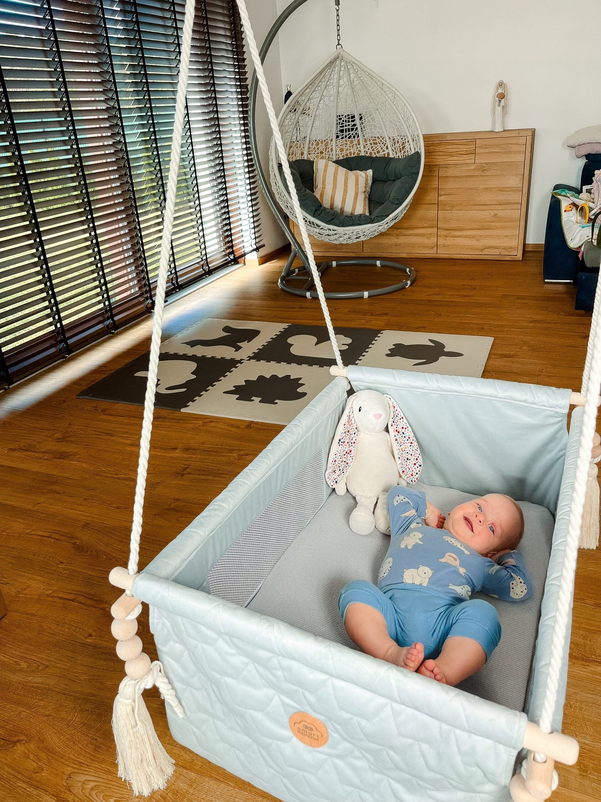 Wooden cradle, cot, baby - velvet grey - playpen Packaging status original