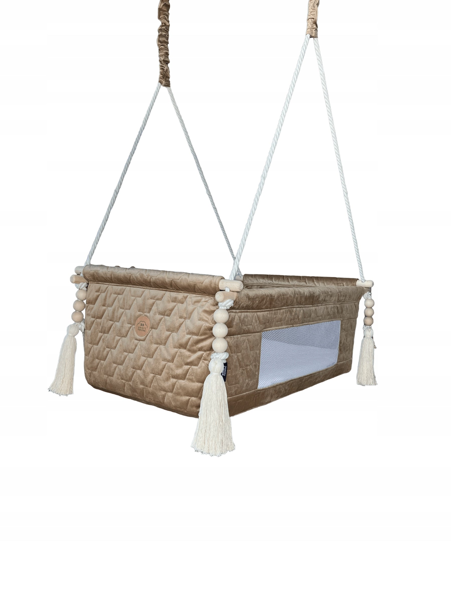 Wooden cradle, hanging cot - velvet beige- gift for baby