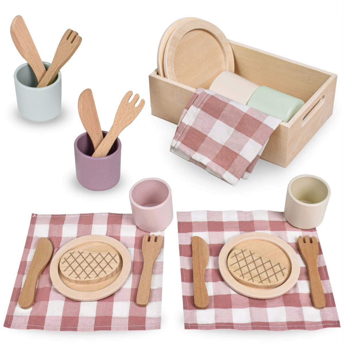 Wooden dinner set Mamabrum with red pads for children 3+