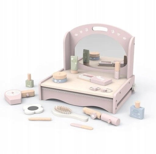 Wooden dressing table with mirror and cosmetic accessories for children 3+