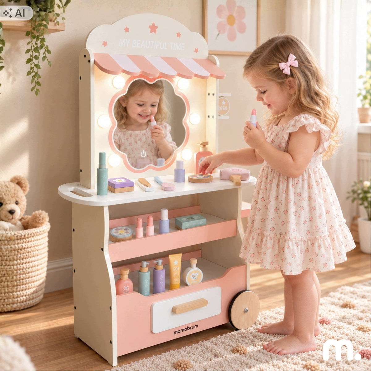 Wooden hair salon for children Mamabrum mobile with LED mirror Packaging status original