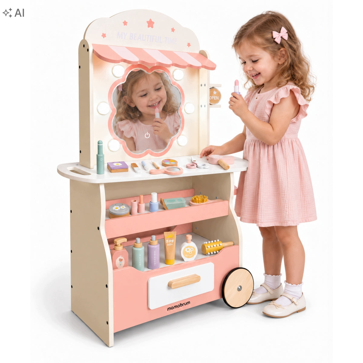 Wooden hair salon for children Mamabrum mobile with LED mirror