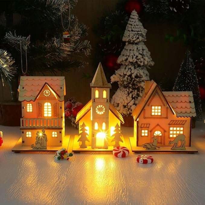 Wooden houses decoration glowing Christmas ornaments miniature 3 pcs Brand no brand