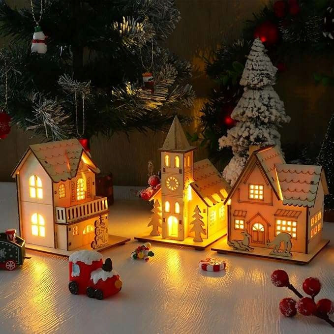 Wooden houses decoration glowing Christmas ornaments miniature 3 pcs Packaging status original