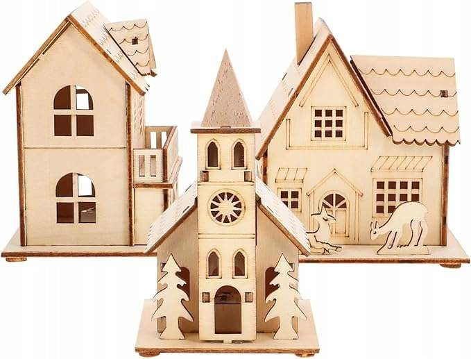 Wooden houses decoration glowing Christmas ornaments miniature 3 pcs