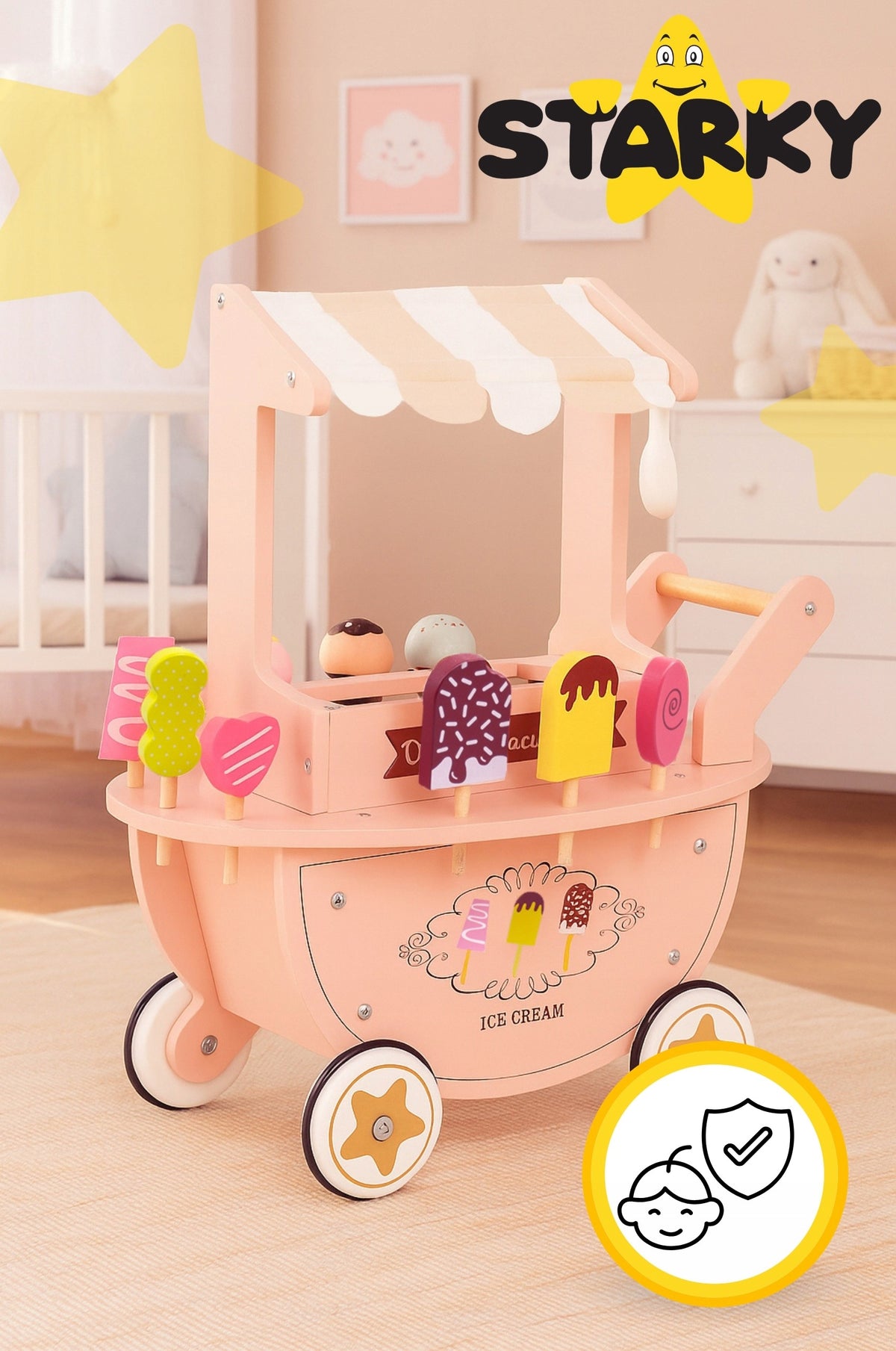 Wooden ice cream parlor for children trolley on wheels with accessories gift Packaging status original