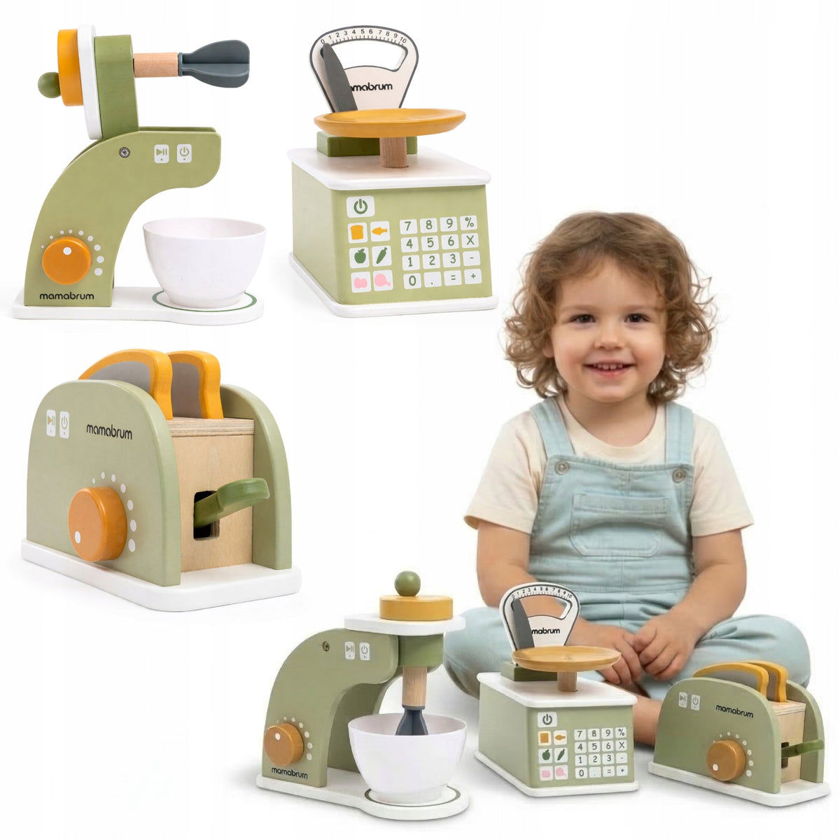 Wooden kitchen set for children mixer scale toaster