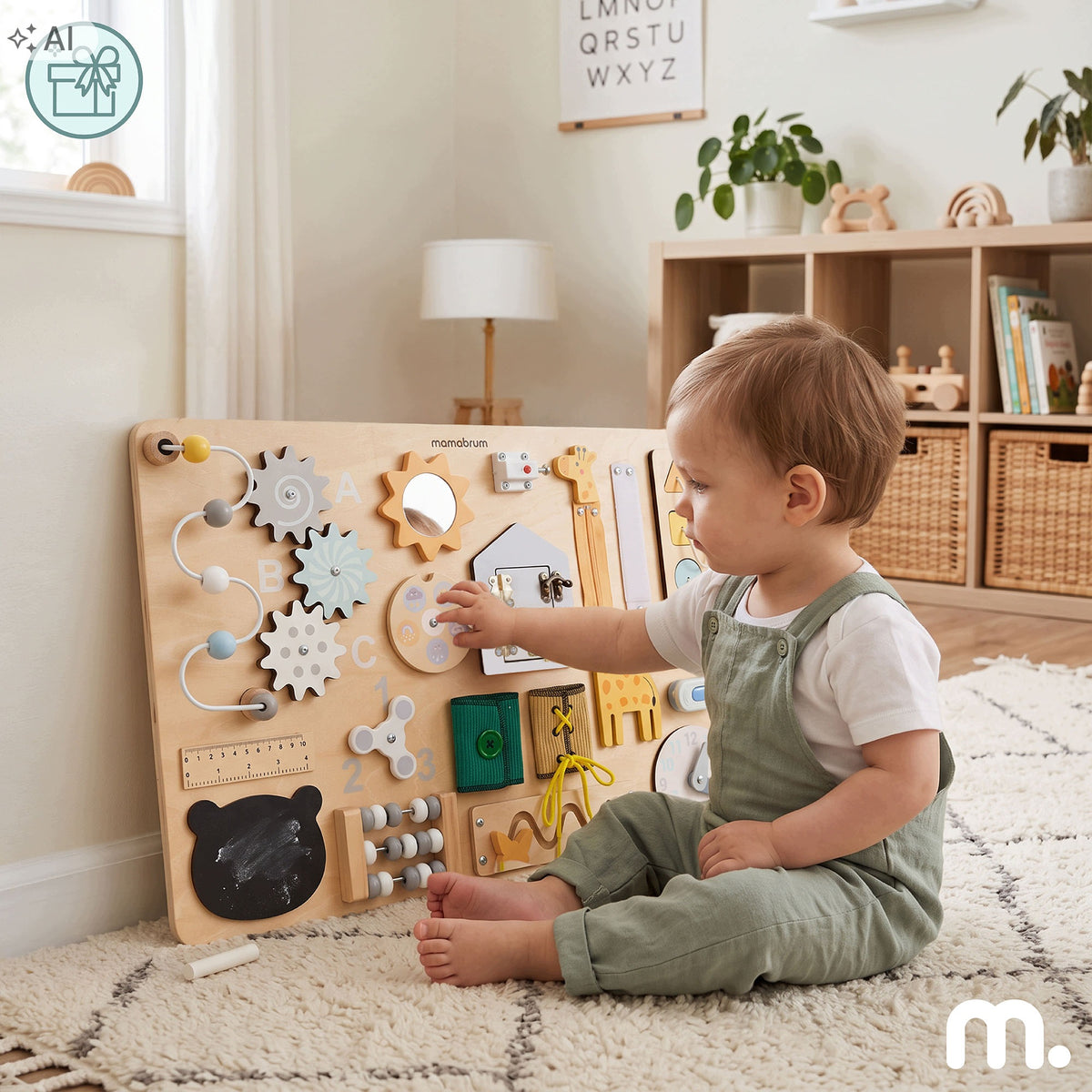 Wooden manipulation board Mamabrum – locks, shapes and 19 elements Packaging status original
