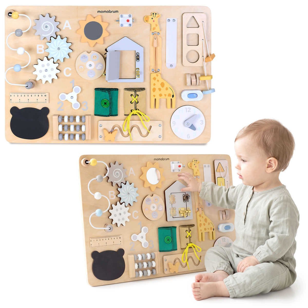 Wooden manipulation board Mamabrum – locks, shapes and 19 elements